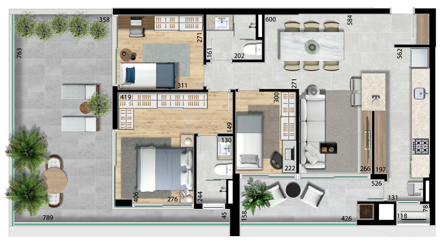 Planta 07 - 3 dorm 119,87m - garden