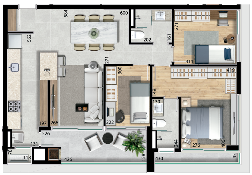 Planta 02 - 3 dorm 90,70m